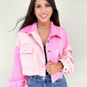 POL Pink Colorblock Cropped Jacket Shacket Womens Large Button Front